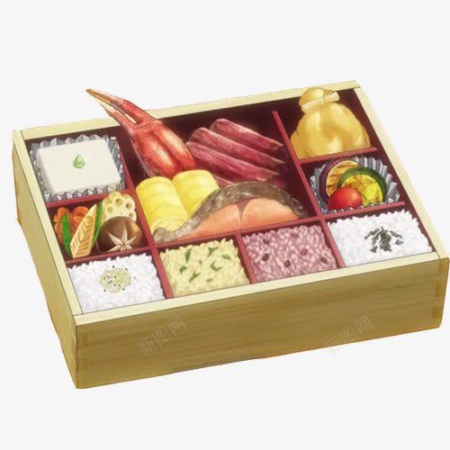 木饭盒便当手绘画片psd免抠素材_新图网 https://ixintu.com 便当盒 分格餐盒 手绘美食 米饭 蛋卷 蟹钳肉 香菇
