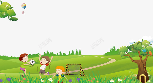 春天郊游人物足球卡通边框psd免抠素材_新图网 https://ixintu.com 人物 卡通 文艺 春天 春季 树木 绿色 草地 足球 边框 郊游