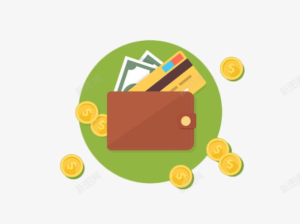钱包里露出的现金与银行卡png免抠素材_新图网 https://ixintu.com 卡片 卡通 矢量素材 纸币 背面银行卡 褐色钱包 金币
