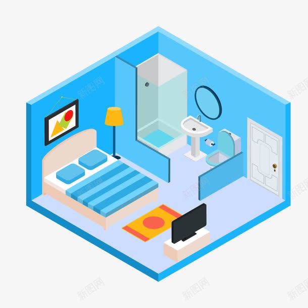 手绘卡通房间室内png免抠素材_新图网 https://ixintu.com png免抠图 创意 卡通 双人床 室内 房间 手绘 时尚 蓝色