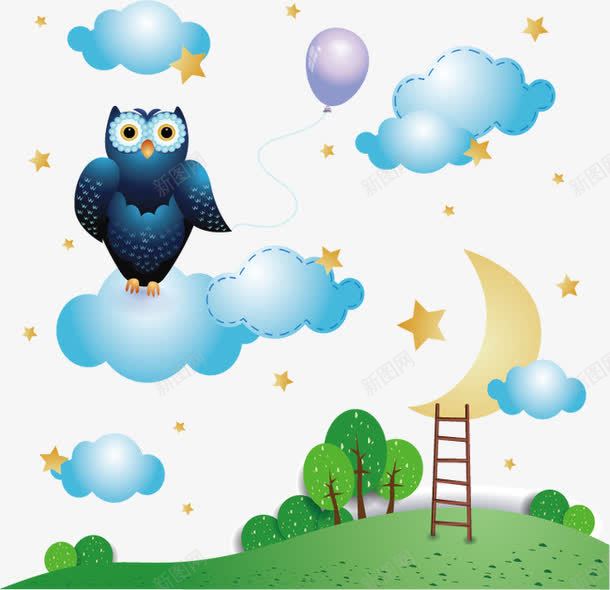 夏天的夜晚png免抠素材_新图网 https://ixintu.com 卡通 卡通背景素材 夜晚 扁平 星空 月亮 梯子 气球 猫头鹰