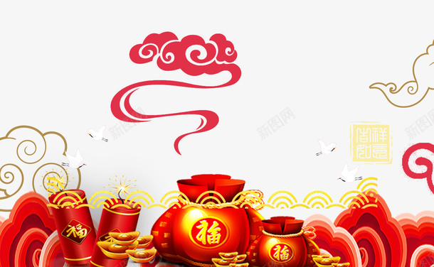新年装饰钱袋祥云psd免抠素材_新图网 https://ixintu.com 元宝 免抠装饰物 印章 新年装饰 祥云 钱袋 鞭炮