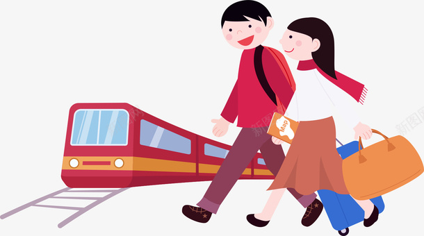 卡通春运展板图png免抠素材_新图网 https://ixintu.com 回家过年 展板 插图 火车 车站 高兴 高兴地