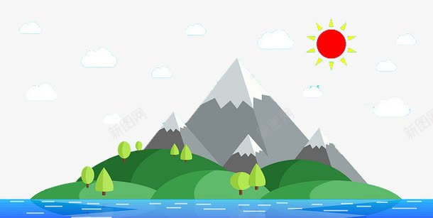 景观png免抠素材_新图网 https://ixintu.com 太阳 山水 扁平 树 白云 青山绿水