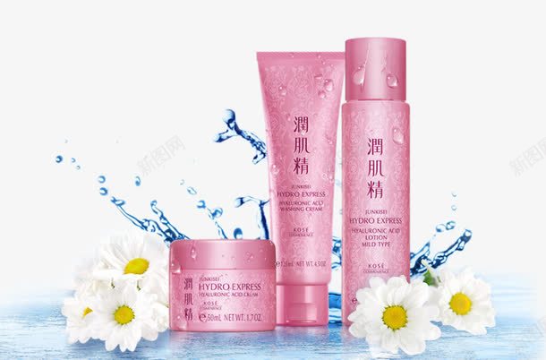 润肌精护肤品套装png免抠素材_新图网 https://ixintu.com 产品实物 水波 波浪 洁面乳 润肌精护肤品套装 爽肤水 白色菊花 美容化妆品 面霜