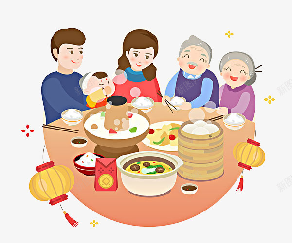 新年手绘一家人吃团圆饭的png免抠素材_新图网 https://ixintu.com 三世同堂 中秋团圆饭 卡通手绘 团圆饭 孩子 家人 开心 新年 温馨的画面 爷爷奶奶 老夫老妻
