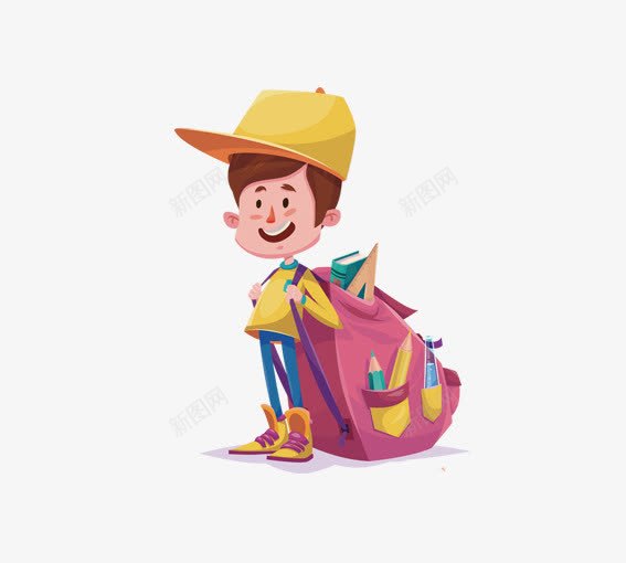大书包和小小人png免抠素材_新图网 https://ixintu.com 上学 卡通书包 卡通人物 卡通学生 卡通男孩 学生 粉色 蓝色 黄色