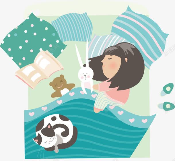 睡觉的小女孩png免抠素材_新图网 https://ixintu.com 可爱 女孩 孩子 宠物 小熊 水彩 熟睡少女 猫咪 睡觉 绿色
