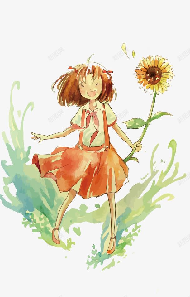 水彩少女png免抠素材_新图网 https://ixintu.com 向日葵 太阳花 少女 手绘 水彩