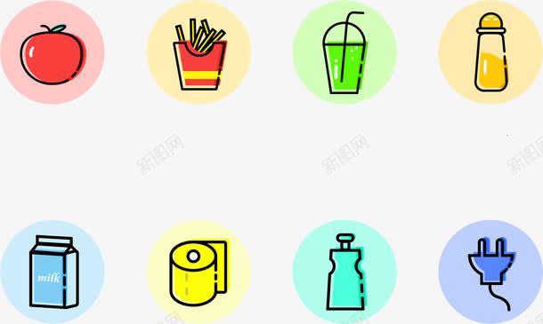 MBE风格夏日图标png_新图网 https://ixintu.com MBE风格 卫生纸 图标 插头 牛奶 薯条 饮料