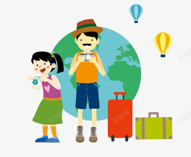 旅行扁平人物插画png免抠素材_新图网 https://ixintu.com 出行 出行季 地球 扁平化 旅行箱 热气球