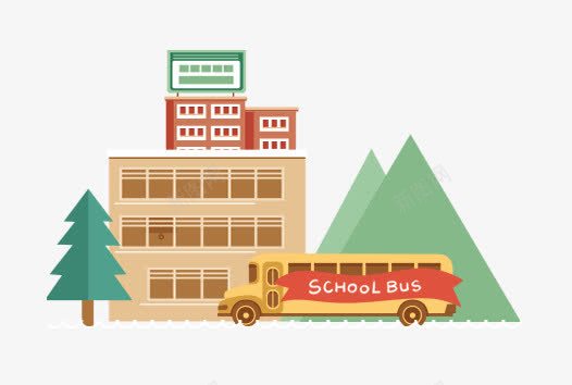 校车到达学校png免抠素材_新图网 https://ixintu.com bus 卡通 建筑物 校园 校车 绿色树木