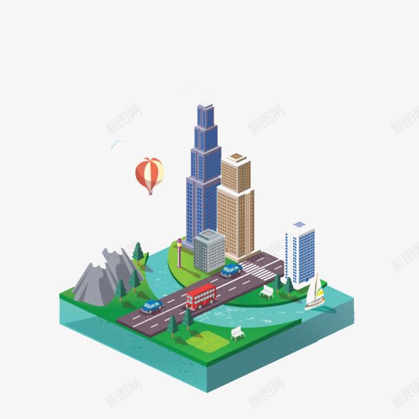 山水环绕的城市png免抠素材_新图网 https://ixintu.com 3D 俯视图 创意 卡通 商务 多彩 建筑物 手绘 河水 马路