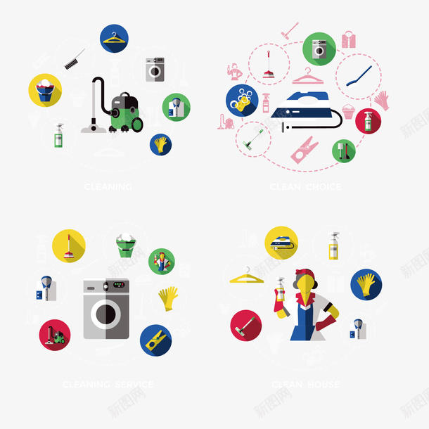 家居摆设用品矢量图图标ai_新图网 https://ixintu.com 图标设计 大扫除 家居图标 彩色图标 拖把 洗衣机 矢量图标 矢量素材 矢量图