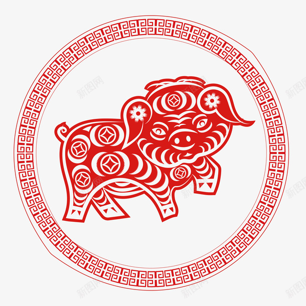 喜庆猪年剪纸png免抠素材_新图网 https://ixintu.com 彩色底纹 扁平化 猪年大吉 矢量图案 红色窗花 设计图