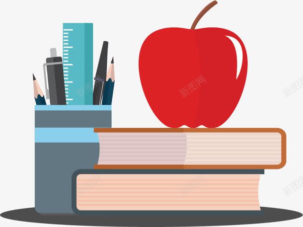 卡通书籍苹果矢量图ai免抠素材_新图网 https://ixintu.com 书本 书籍 尺子 笔 苹果 矢量图