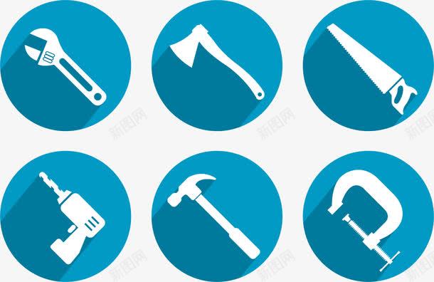 装潢装修工具图标png_新图网 https://ixintu.com 冲击钻 卡通冲击钻 建筑装潢 扳手 斧头 榔头 电锤 蓝色图标 装潢装修工具 锤子