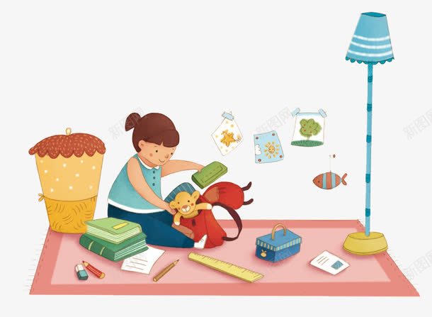 收拾书包的女孩子png免抠素材_新图网 https://ixintu.com 创意设计 卡片封面 手绘插画