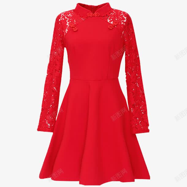 红色长袖蕾丝连衣裙png免抠素材_新图网 https://ixintu.com 产品实物 女装 新娘中式礼服 新娘性感回门服 红色长袖蕾丝连衣裙 红裙子 订婚敬酒服