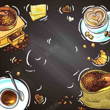 美式复古西餐手绘线稿咖啡机甜品磨咖啡海报矢量图背景