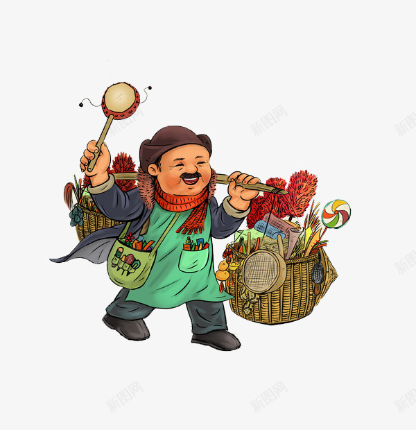 卡通手绘挑扁担卖货郎png免抠素材_新图网 https://ixintu.com 儿时回忆 卖东西 卡通 彩色 手绘 拨浪鼓 挑扁担 挑货郎