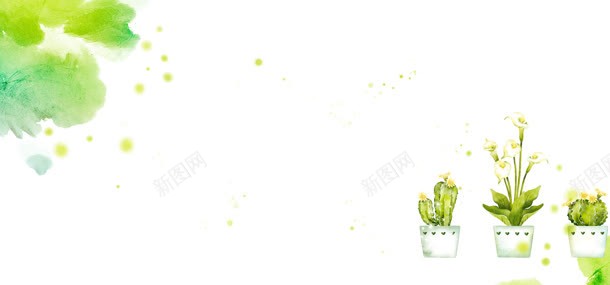 水彩图案与盆里的花卉背景jpg设计背景_新图网 https://ixintu.com 仙人球 墨染 墨点 墨痕 墨迹 晕染 泼墨 绿色 花卉 花朵 马蹄莲
