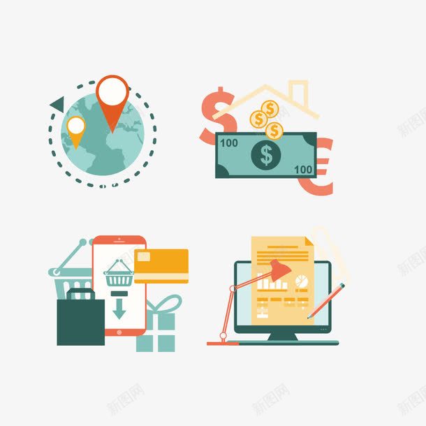 商务理财和扁平化png免抠素材_新图网 https://ixintu.com 商务素材 地球 扁平化 理财 电脑 箭头