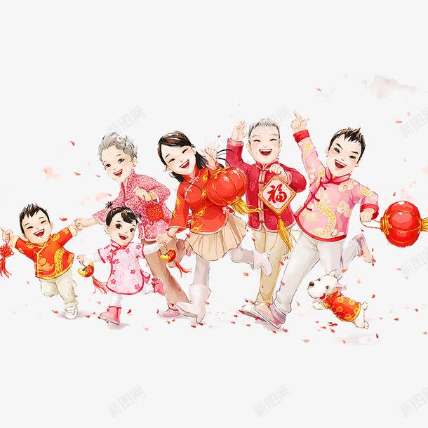 卡通版新年欢乐的人群png免抠素材_新图网 https://ixintu.com 人物 免抠图 效果图 红灯笼 装饰图 装饰画 过新年