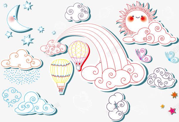 简笔儿童画png免抠素材_新图网 https://ixintu.com 云朵 卡通画 太阳 彩虹 星星 月亮 热气球 线条画
