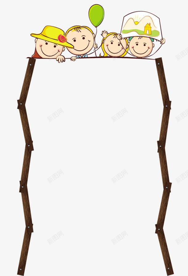 卡通娃娃木头边框png免抠素材_新图网 https://ixintu.com 卡男孩 卡通人物 卡通头像 卡通女孩 卡通小孩 卡通边框 咖色 树干 绿色 黄色