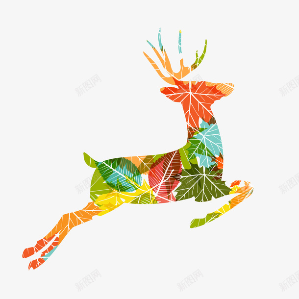创意麋鹿矢量图ai免抠素材_新图网 https://ixintu.com 麋鹿拼接树叶枫叶创意插画背景动物 矢量图