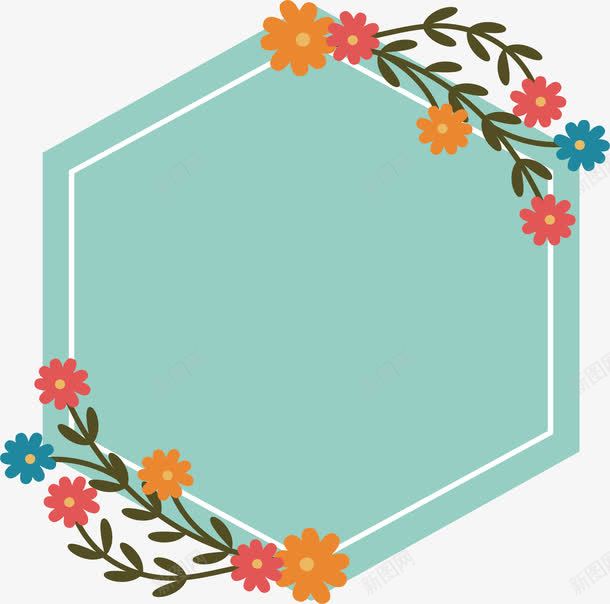 绿色六边形花朵标题框png免抠素材_新图网 https://ixintu.com 六边形 六边形边框 多边形 矢量png 绿色六边形 花朵装饰边框