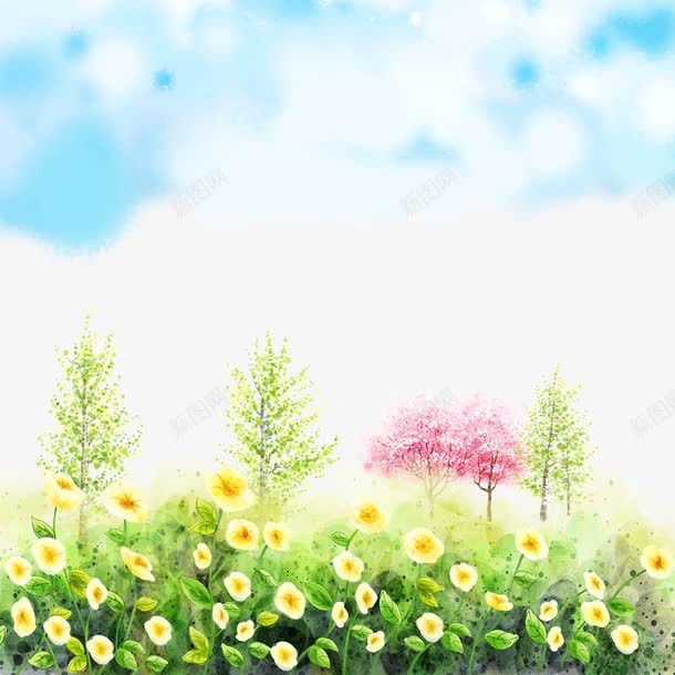 蓝天白云草地png免抠素材_新图网 https://ixintu.com 春天 树 绿色 花丛 蓝天白云