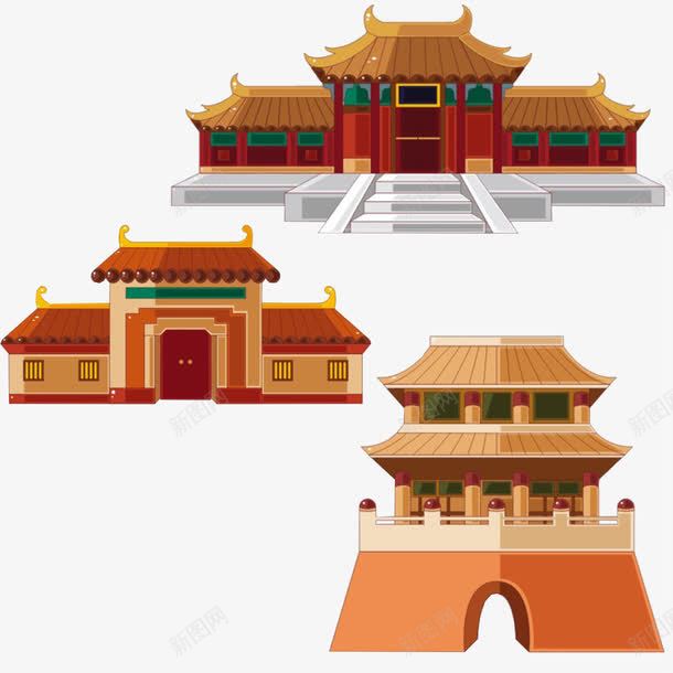 古代建筑psd免抠素材_新图网 https://ixintu.com 年代感 房子 手绘 棕色