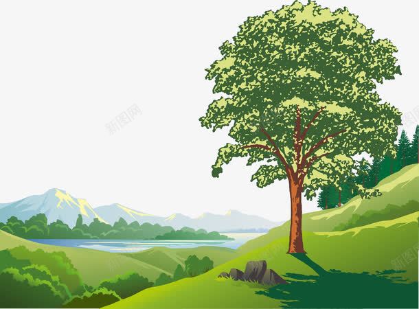 手绘山水风景png免抠素材_新图网 https://ixintu.com 大树 山水风景 手绘