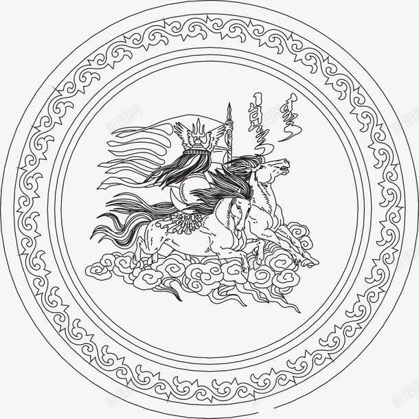 圆形奔马花纹png免抠素材_新图网 https://ixintu.com 矢量PNG花纹素材 线稿 花纹矢量 蒙古花纹 马
