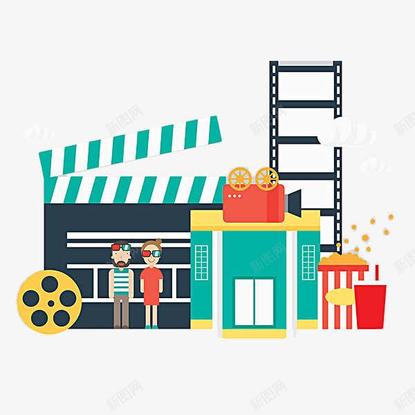 卡通场记牌胶卷电影院png免抠素材_新图网 https://ixintu.com 卡通人物 场记板 场记牌 放映机 爆米花 电影 电影院 胶卷