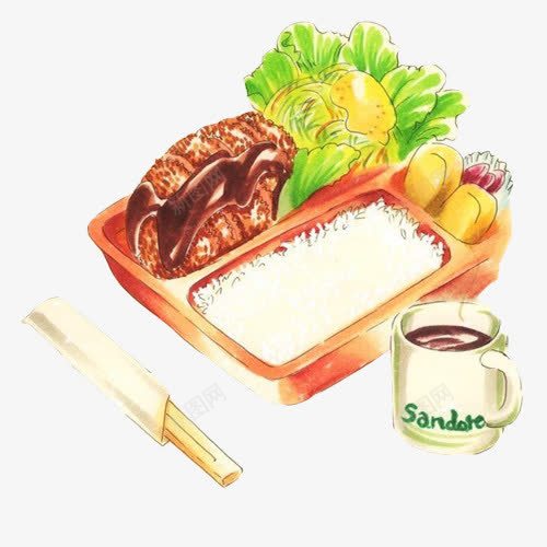 盒饭快餐手绘画片psd免抠素材_新图网 https://ixintu.com 咖啡 快餐 手绘美食 炸鸡腿 盒饭 米饭