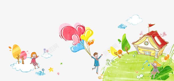 手绘拿着气球的人物png免抠素材_新图网 https://ixintu.com 云朵上的小孩子 小朋友 小清新 小清新操死 建筑 房子 手绘人物 手绘插画 手绘植物