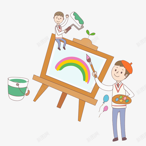 绘画的男生png免抠素材_新图网 https://ixintu.com 刷子 可爱 学生 毛笔 气球 水桶 男生 画板
