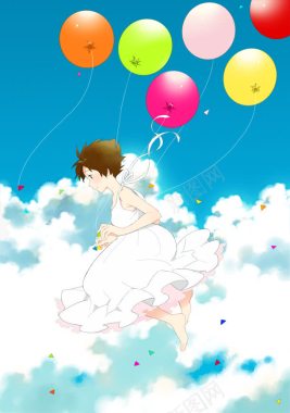 漫画气球云彩女孩插画背景