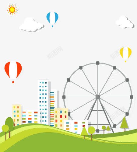 卡通童趣城市剪影png免抠素材_新图网 https://ixintu.com 卡通 城市剪影 小清新 手绘 摩天轮 童趣 绿色草坪 装饰矢量图 阳光云朵