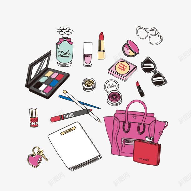 卡通手绘女士化妆品png免抠素材_新图网 https://ixintu.com 包包 化妆品简笔画 墨镜 女士化妆品 眉笔 眼影盒 香水 香水手绘
