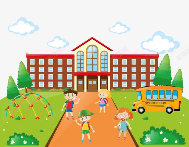 孩子们在学校玩插图png免抠素材_新图网 https://ixintu.com 云 女孩 学生 校园 校车 男孩