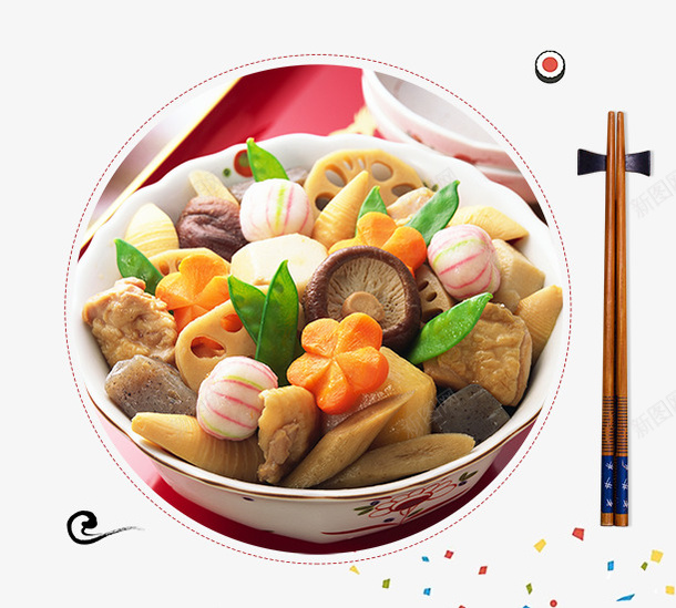 碗里的日式美食psd免抠素材_新图网 https://ixintu.com 免抠食物 彩带 日式美食 碗里的 祥云装饰 筷子装饰 美食