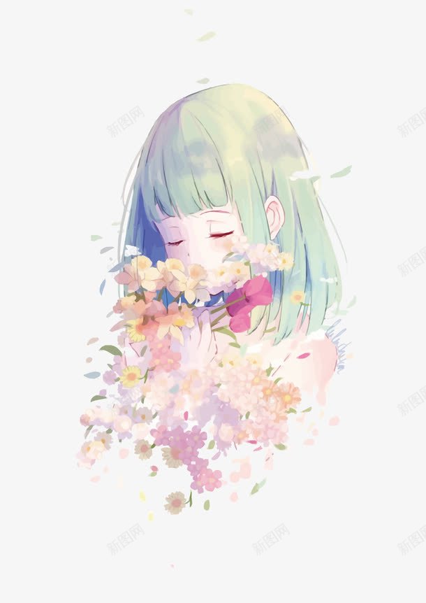 花与少女png免抠素材_新图网 https://ixintu.com 卡通 小清新 少女 手绘 矢量少女 花朵 花束
