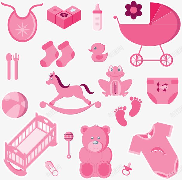 粉色婴儿用品集png免抠素材_新图网 https://ixintu.com 围嘴 女婴 奶瓶 婴儿用品 摇床 木马 玩具 球 粉色 纸尿裤 衣服 袜子