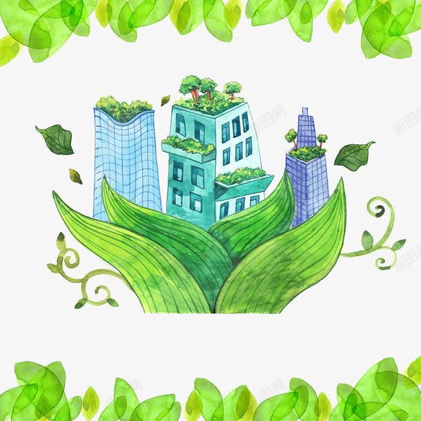 手绘环保插画psd免抠素材_新图网 https://ixintu.com 低碳生活 公益广告 地球 城市建设 建筑 手绘环保插画 环保插画 箭头 绿叶 绿色 绿色风格 节能减排