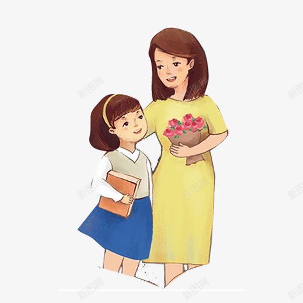 卡通老师与学生png免抠素材_新图网 https://ixintu.com 卡通图案 可爱 女孩 快乐 教师节 老师与学生