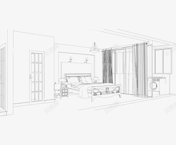 两点透视卧室手绘线条图png免抠素材_新图网 https://ixintu.com 两点透视 卧室手绘图 透视图 透视线条